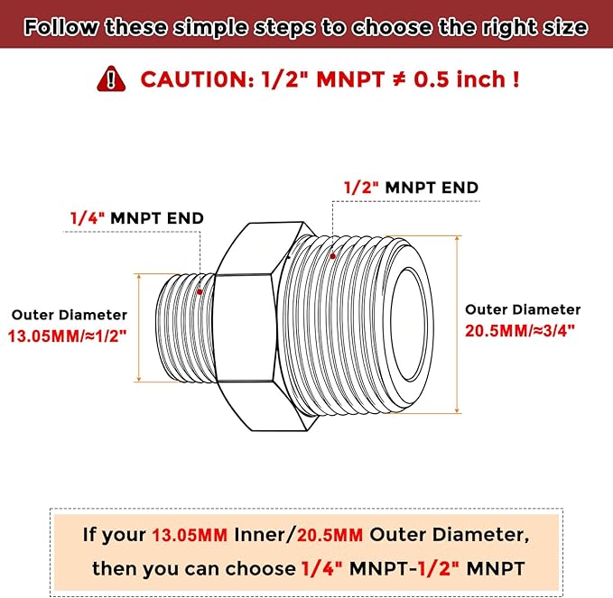 Pack of 1, 1/2" NPT Male to 1/4" NPT Male Solid Brass Hex Nipple Hose Connectors, Male Pipe Adapter for Pipe Leak Repair, Bathroom Remodeling, Tool Extensions, Compression