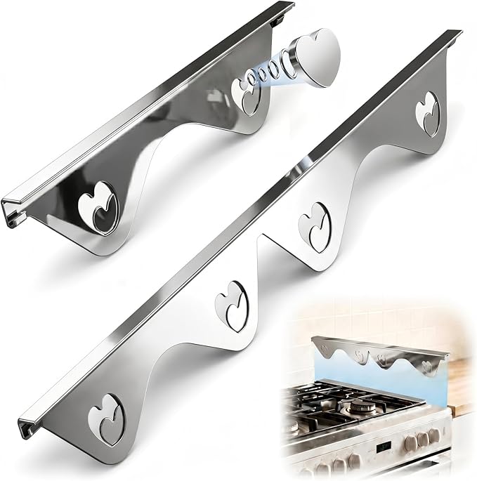 Stainless Steel Stove Gap Covers, 2 Pack Extendable Stove Gap Filler 13.8"-27.5", 0.79" Wide, Deep-Lock Heart Clips, Heat Resistant Range Trim Kit for Kitchen Counter Gaps, Silver
