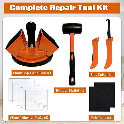 Floor Gap Fixer Tool with Strong Suction Cup & 45° Striking Surface,Includes Slot Cutter,Rubber Mallet,2 Felt Pads and 5 Clear Shims,for Laminate,Vinyl and Solid Wood Flooring Installation & Repair