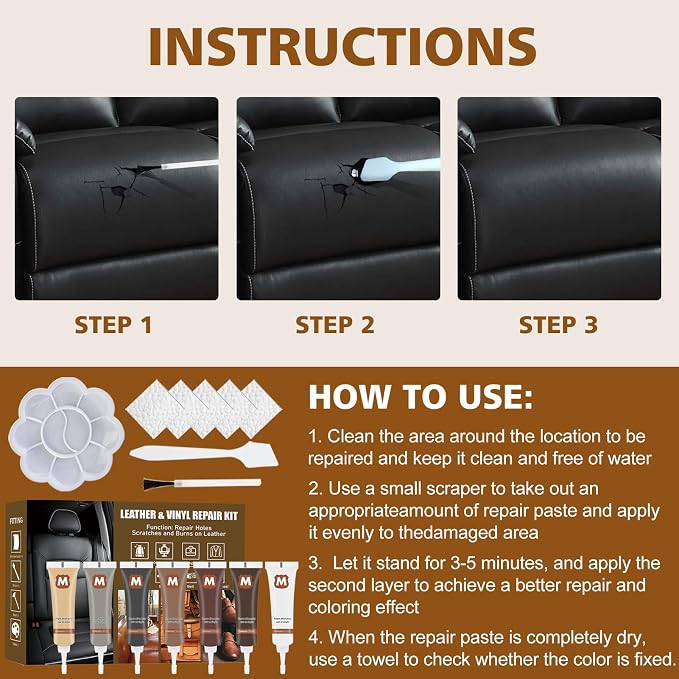 Ganbaro® Leather Repair Kit for Furniture, Leather Repair Paint Gel, Vinyl Repair Kit,Restorer of Scratch, Tears, Burn Holes, Leather Repair Gel for Sofa, Coats, Leather Jacket, Car Seat (7 Color)