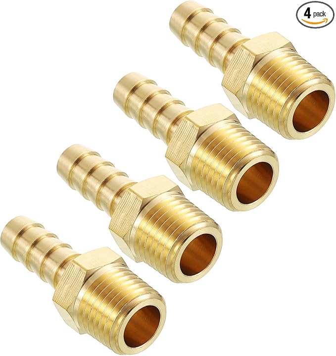 Pack of 4 Brass Hose Barb Fittings Adapter Connector 5/16" Hose Barb to 1/4" NPT Male Fittings for Home Machines, Massage Bathtubs, and Irrigation Systems