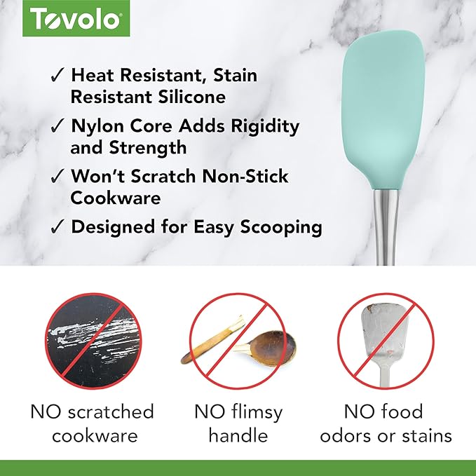 Tovolo Spoon Spatula Spoonula with Stainless Steel Handle Ergonomic Grip Aqua Seafoam Green, Silicone Scoopula Kitchen Utensil Non Scratch Easy Clean Dishwasher Safe Heat Resistant Scoop Spatula