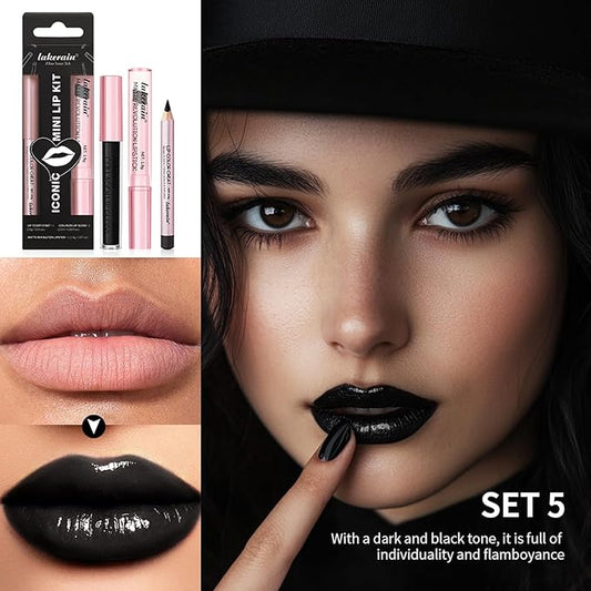 3PCS Black Lip Liner and Lipstick Set – Bold Matte Lipstick, Precision Liner & High-Shine Gloss for Gothic, Halloween, Cosplay & Editorial Looks – Long-Lasting, Smudge-Proof Lip Makeup Kit (Black)