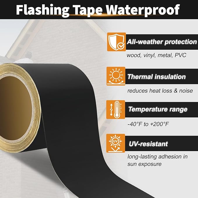 Flashing Tape for Windows and Doors, 3.75 in x 90 ft Roll, Acrylic Adhesive, Self-Adhesive Flashing Tape, Waterproof, UV Resistant, Great for Sealing Doors, Windows, and Construction & Repairs