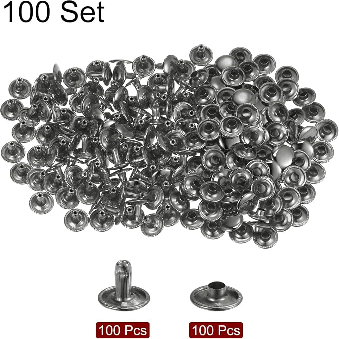 HARFINGTON 100 Sets Leather Rivets 8 x 10mm Metal Double Cap Rivet Snaps Studs Fasteners with 3pcs Setting Tools for Leather Craft DIY Repair Decoration, Gunmetal