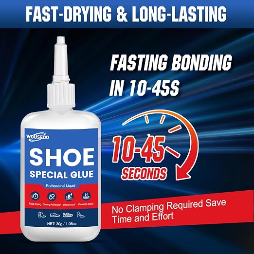 WOUSEDO Shoe Glue 30g, Flexible & Waterproof Instant Adhesive | Quick Dry in Seconds, Heavy Duty Clear Glue for Sole Repair on Sneakers, Boots, Heels, Hiking Shoes, Leather & Rubber