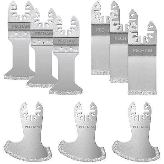 PECHAM 9PCS Diamond Oscillating Tool Blade, Multi Tool Blades Kits for Grout Removal and Soft Tile Cut, Fit Porter Cable Black & Decker Rockwell Ridgid Ryobi Milwaukee Chicago Craftsman