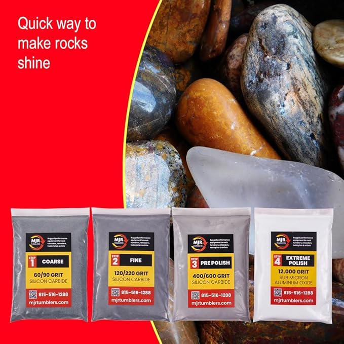 Rock Tumbler Grit Kit Refill for 25lb Tumblers, 4 Step Silicon Carbide & 12,000 Grit Aluminum Oxide Polish, Stone Polishing Kit for Rotary & Vibratory Rock Tumblers