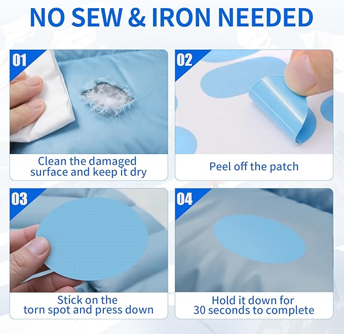 Waterproof Self-Adhesive Nylon Fabric Repair Tape - Tent Repair Kit,4pcs Fabric Patches for Jacket, Clothes, Puffer Down Jacket,Sleeping Bag, Outdoor Gear Tenacious Repairs Tape, SkyBlue