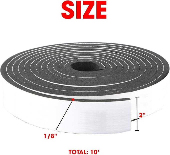 Neoprene Foam Strip Roll By Dualplex, 2" Wide x 10' Long x 1/8" Thick, Weather Seal High Density Stripping with Adhesive Backing – Weather Strip Roll Insulation Foam Strips