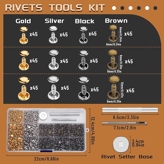 CBHGFEA 540 PCS Leather Rivets, 3 Different Sizes Double Cap Rivets Kit with Leather Rivet Setting Tools, Leathercraft Rivet Kit for DIY and Crafting, Decoration