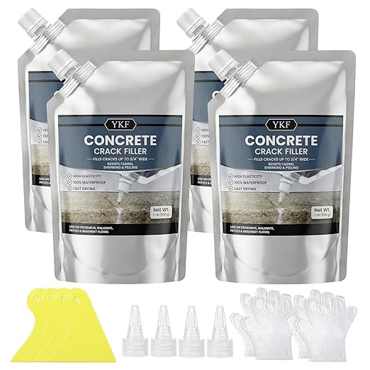 YKF Concrete Crack Filler 4-Pack (4.4 lbs) - Self-Leveling Liquid Cement Sealant for Driveways & Garage Floors - Waterproof, High Elasticity Bulk Repair Kit - Gray