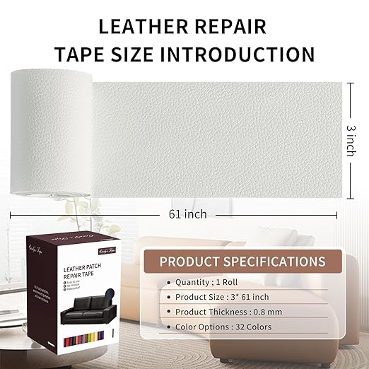 Leather Repair Patch Tape, White 3 x 61 Inches Self Adhesive Leather Repair Kit for Furniture, Car Seat,Vinyl Leather Repair Kit for Office Chairs, Couch, Sofa, Luggage