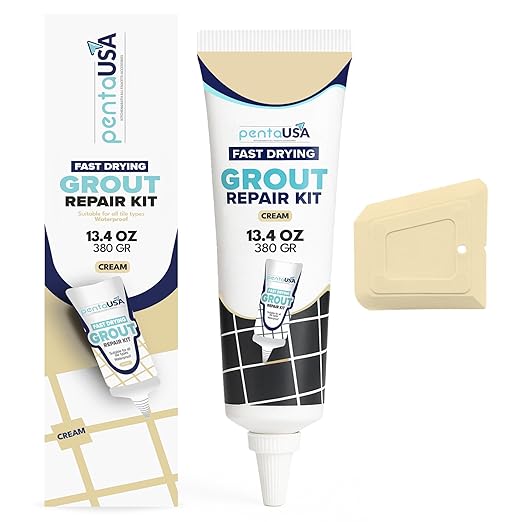 PentaUSA Tile Grout Repair Kit - Ceam Ivory Premixed Acrylic Sanded Grout, Water-Resistant Grout Filler for Bathroom&Shower, Kitchen Floor, Fast Drying, with Applicator, 13.4 oz (380g)