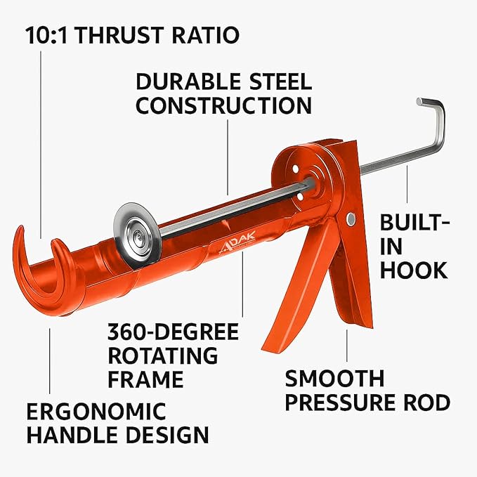 ADAK - Professional Caulking Gun, 10:1 Thrust Ratio, Caulking Gun No Drip, Hand Tool for Silicone & Sealant Application, Smooth Pressure Caulk Gun, Caulking Gun Tool (Orange)