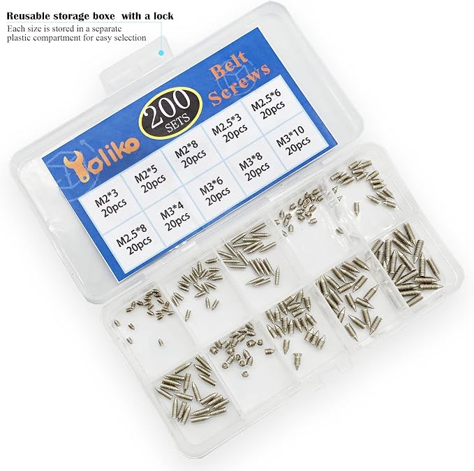 200 pcs Nickel Plated Tip Screws Pointed Cross Slot Leather Accessories 10 Sizes Belt Screws Include M2*3-M2*8, M2.5 * 3-M2.5 * 8, M3*4-M3*10 with 2mm Screwdriver for Belt Buckle Wallet Handbag Purse