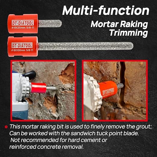 DT-DIATOOL Diamond Mortar Raking Bit for Brick Joints Stone Masonry Granite Diameter 5/16"x4" (8x100mm), 5/8 inch-11 Thread Router Bit