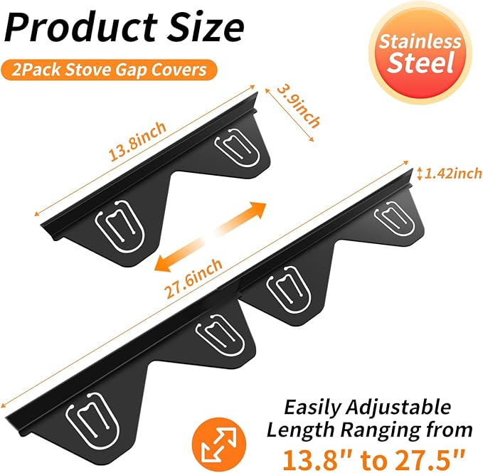 Stainless Steel Stove Gap Covers (2 Pack), Upgraded Version, Stove Gap Filler, Range Trim Kit for Kitchen Counter, Heat Resistant, Adjustable Length 13.8” to 27.5”, Width1.3”