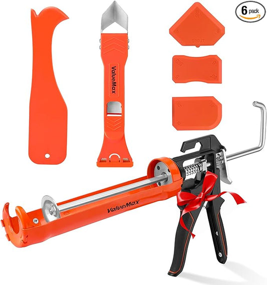 ValueMax 6Pcs Caulk Tool Kits, Caulk Gun and Caulk Scraper Kit, 10 OZ Silicone Caulking Gun, 3 in 1 Sealant Finishing Grout Scraper for Bathroom Kitchen Sink Joint, All in One Caulking Tools