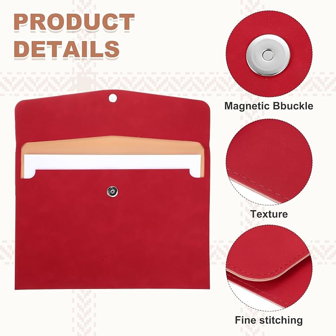 PATIKIL PU Leather File Folders, 7.9x10.6 A4 Document Holder Waterproof Envelope Folder with Snap Closure, Portable Portfolio Organizer Case for Paper Receipt, Red