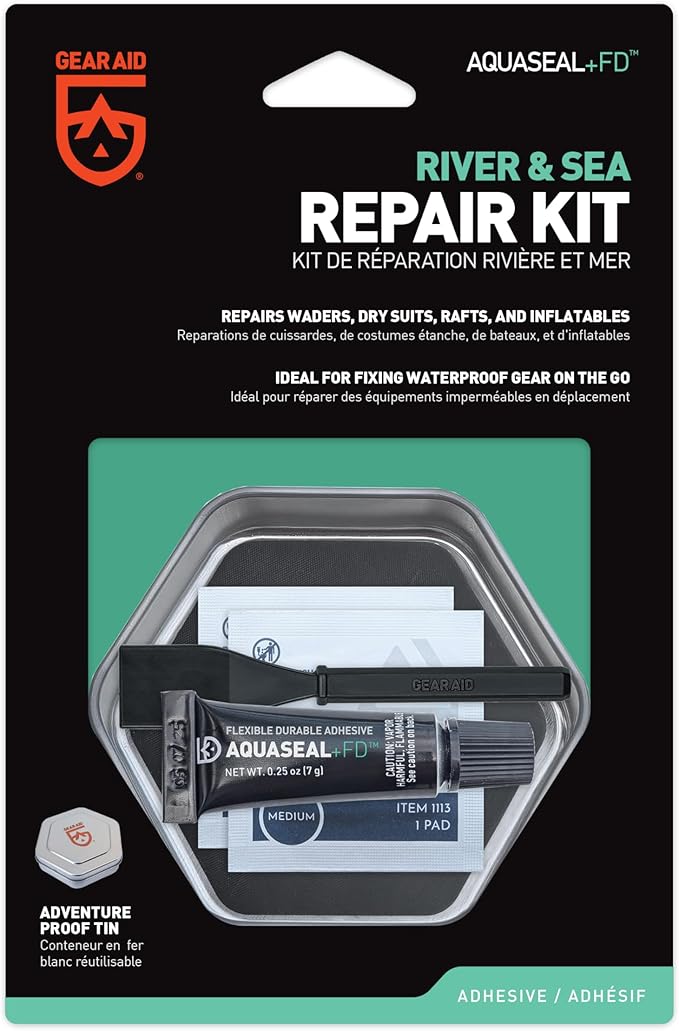 GEAR AID Aquaseal FD River & Sea Repair Kit – Waterproof 0.25 oz Adhesive with Four Tenacious Tape Hex Patches (2.5", Black and Clear) for Fixing Holes in Waders, Boots, Inflatables, and Outdoor Gear