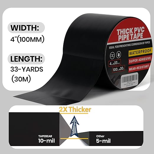 TAPEBEAR Corrosion Protection Pipe Tape, 10mil Pipe Wrap Tape for Drain Pipe, Metal Electrical Outdoor Underground Pipe, Waterproof PVC Black Tape Thicker for Hose Leak Proof, 4Inch x 33Yard