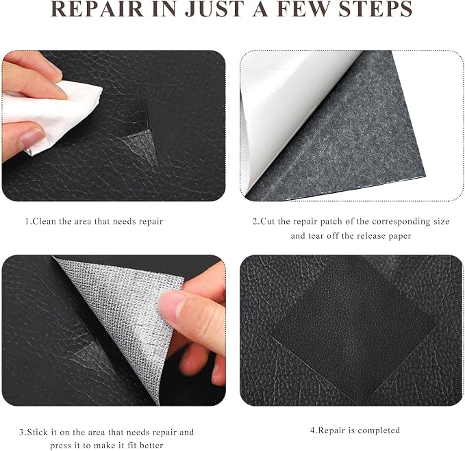 2 PCS Leather Repair Patch Tape, 4 x 8 Inch Waterproof PU Leather Repair Tape for Car Seat, Self-Adhesive Patch Kit for Repairing Couch Chairs Furniture, Car Accessories (Black)