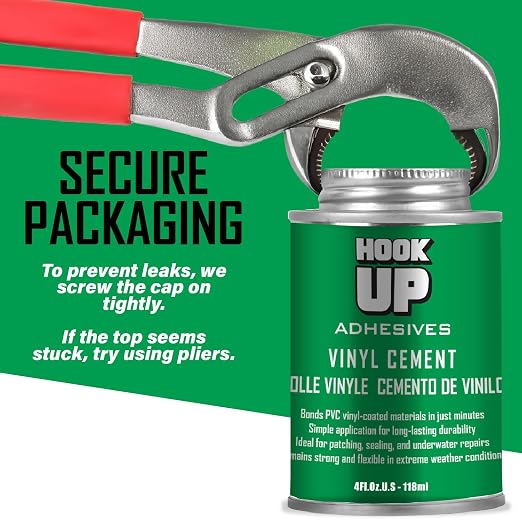 HOOK UP Vinyl Cement – Waterproof Pool Liner Repair Glue for Vinyl & PVC, Fast-Drying Flexible Contact Cement for Inflatables, Air Mattresses, Boats, Tarps, Hot Tubs & Pool Patch Repairs (4 oz)