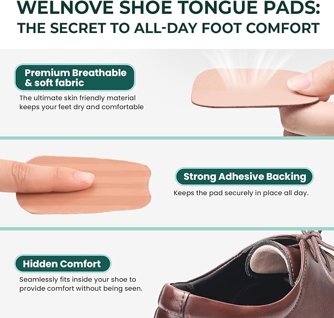 Welnove Tongue Pads Inserts for Shoes - Tow Size in One Pack - 16 Pcs Shoe Padding Cushion Soft Self Adhesive Inserts Filler for Boots, Leather Shoes, Dress Shoes, Loafers - Size S & L