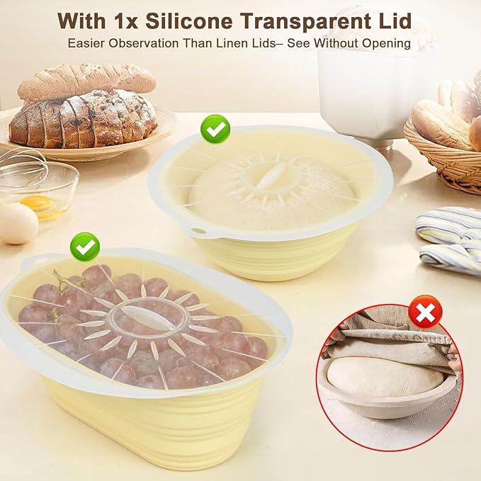 JOCXSPI Silicone Sourdough Starter Kit, Upgraded & Thickened 9" Round & 10" Oval Banneton Bread Proofing Basket, Foldable, Non-Stick Sourdough Basket with Bread Sling & Baking Supplies Tools