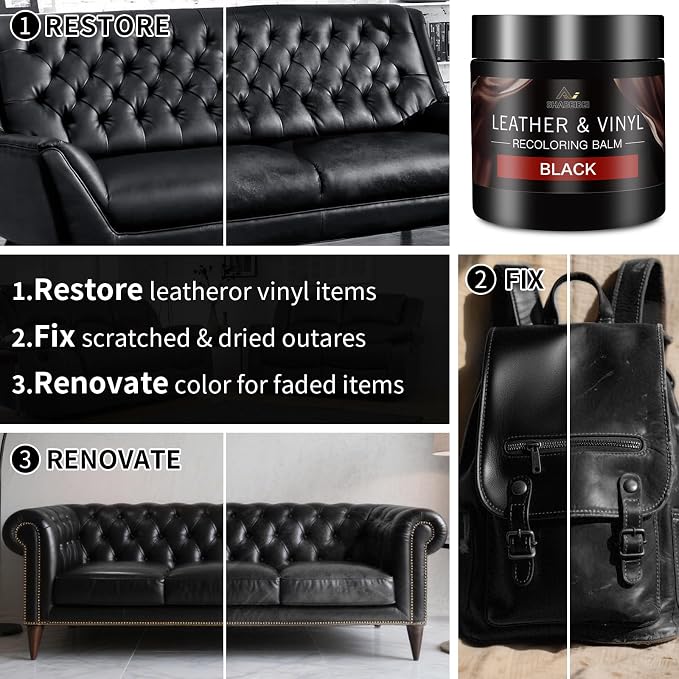 Leather Recoloring Balm with 100ml Mink Oil, Black Leather Repair Kit and Scratch Remover for Furniture, Car Seats, Sofas, Dye & Restorer for Couches, Vinyl, PU, Faux