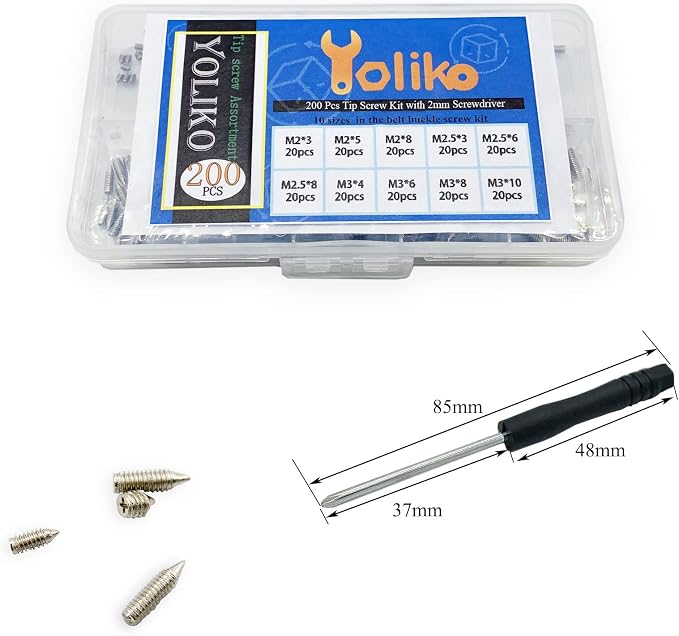 200 pcs Nickel Plated Tip Screws Pointed Cross Slot Leather Accessories 10 Sizes Belt Screws Include M2*3-M2*8, M2.5 * 3-M2.5 * 8, M3*4-M3*10 with 2mm Screwdriver for Belt Buckle Wallet Handbag Purse
