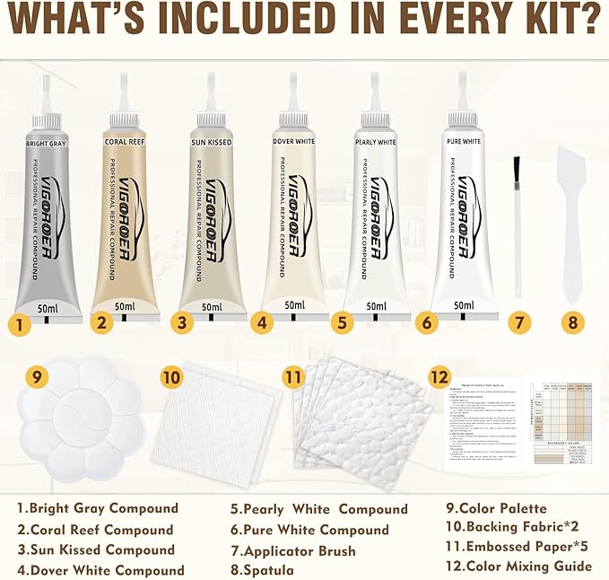 Vigorder Cream Leather Repair Kit for Furniture, Vinyl Repair Kit for Car Interior, Sofa, Purse and Jacket, Restore Any Material with Super Easy Instructions to Fix Scratches, Tears, Holes, Peeling