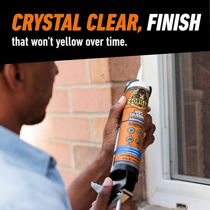 Gorilla 100% Silicone Sealant Caulk Window & Door, 10 Ounce Cartridge, Clear