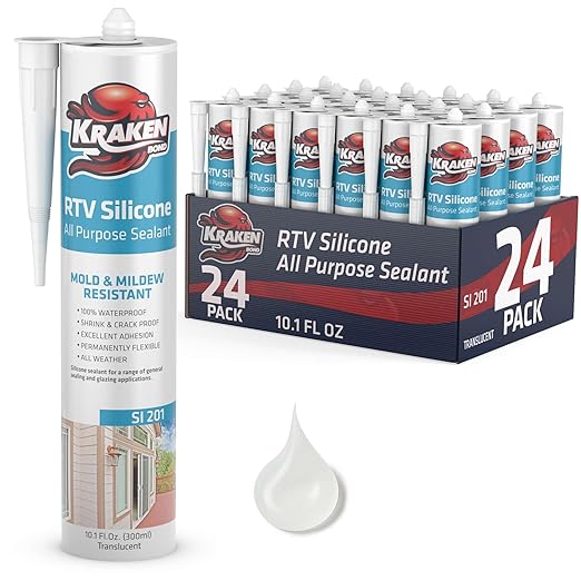 Kraken Bond Transculent Silicone Sealant Waterproof%100-10 fl oz Cartridge, RTV Silicone Caulk Kitchen and Bathroom, All Purpose, Window Caulking Sealant Outdoor, RV, Exterior Use Silicon - 24 Pack
