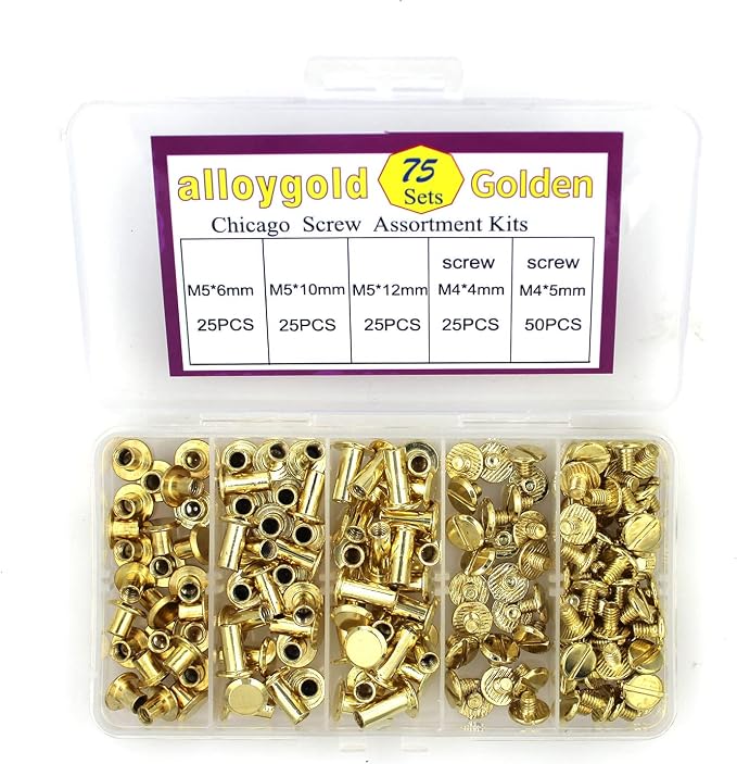 ALLOYGOLD 75 Sets Gold Chicago Screws 1/4 3/8 1/2 Leather Assorted Kit ，3 Sizes of Screw Rivets for Leather Rivet for DIY Belt，Bag Craft and Bookbinding (M5 X 6, 10, 12)