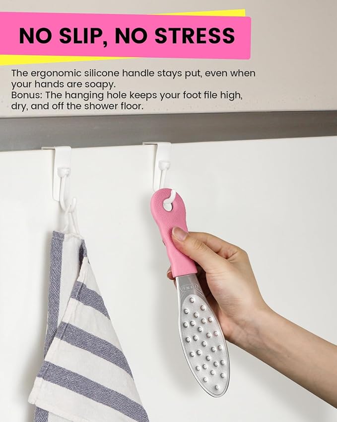 BEZOX Slim Metal Foot File Callus Remover(1 PCS) – Double-Sided Foot Scrubber for Cracked Heels & Dead Skin, Portable Pedicure Tool with Non-Slip Handle, Travel-Friendly Foot Care Essential - Pink