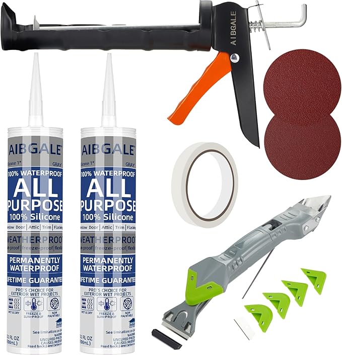 Variety Caulking Tool Kit, 2 Gray Silicone Sealant, Hand Caulking Guns and 5 in 1 Scraper/Smoothing Tool, Sandpaper, Gloves and Masking Tape, with All-Purpose 100% Silicone Caulk 20.2 Oz