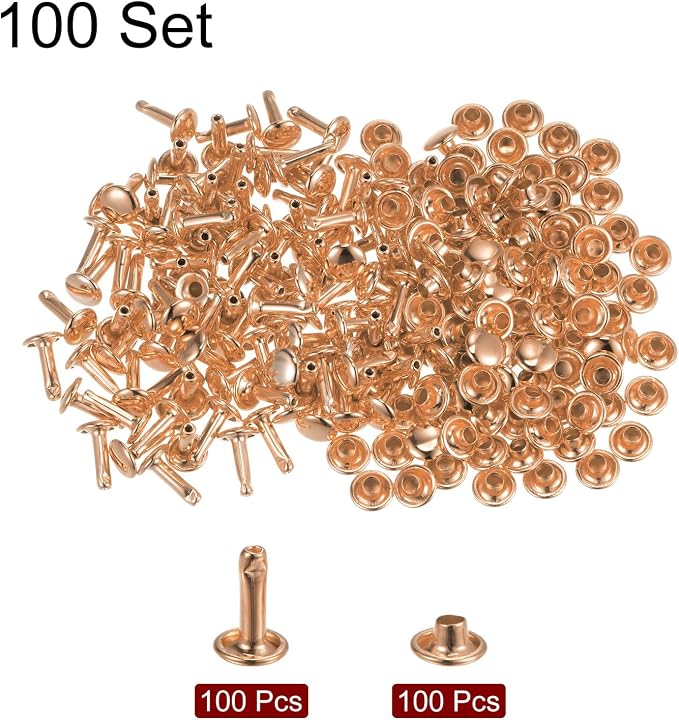 HARFINGTON 100 Sets Leather Rivets 10 x 7mm Metal Double Cap Rivet Snaps Studs Fasteners with 3pcs Setting Tools Rivets for Leather Craft DIY Repair Decoration, Light Gold Tone