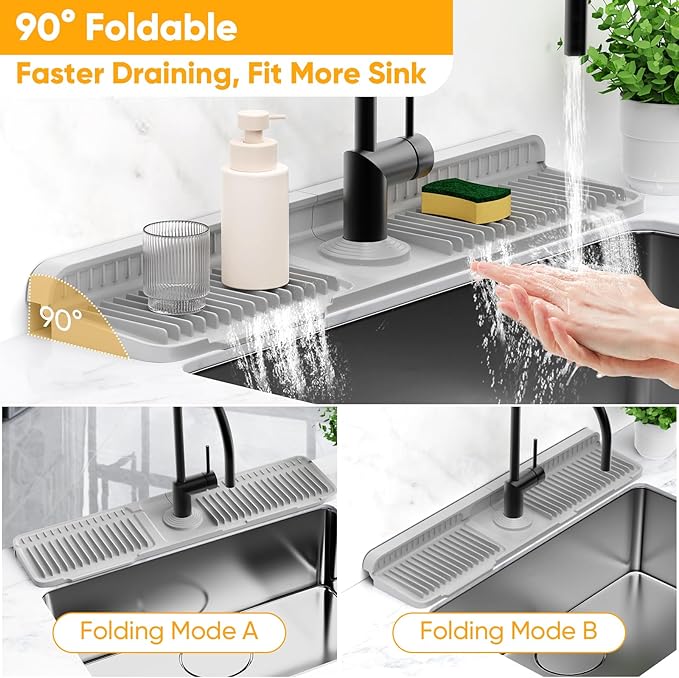 24'' Folding Faucet Mat for Kitchen Sink Splash Guard[7° Slope Fast Self-draining][Snap Lock Fit] Kitchen Sink Faucet Mat Splash Guard Kitchen Sink Area Water Splash Guard Behind Faucet Draining Mat