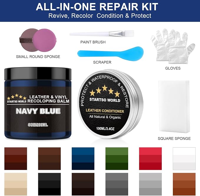 STARTSO WORLD 200Ml Leather Recoloring Balm with 100ML Leather Conditioner, Navy Blue Leather Repair Kit for Furniture, Leather Dye, Leather Scratch Repair, Leather Couch Paint