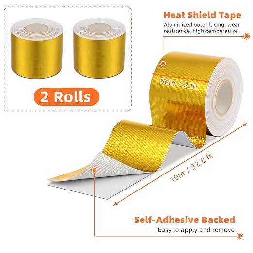 Zonon 2 Rolls Aluminum Foil Tape Heat Shield Tape Barrier Adhesive Reflective Fiberglass Thermal Insulation Reflective Material High Temp Protection (Gold,2 Inch X 32.8 ft)
