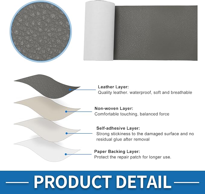 Self Adhesive Leather Repair Patch Strong Stickiness 3.1"x60" Leather Repair Tape PU Leather Gray 1 Pcs