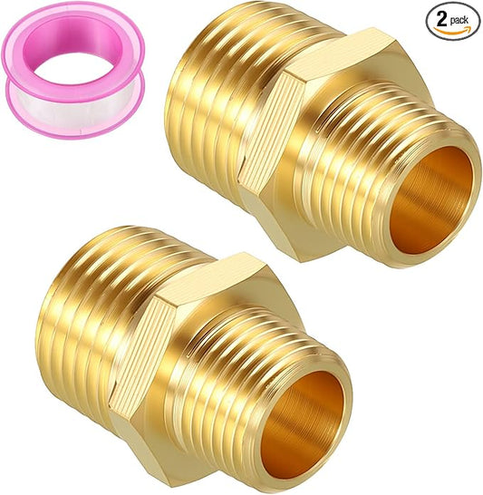 Pack of 2, 1/2" MNPT to 3/8" MNPT Solid Brass Hex Nipple Hose Connectors W/Sealing Tape, Male Pipe Adapter for Pipe Leak Repair, Bathroom Remodeling, Tool Extensions, Compression