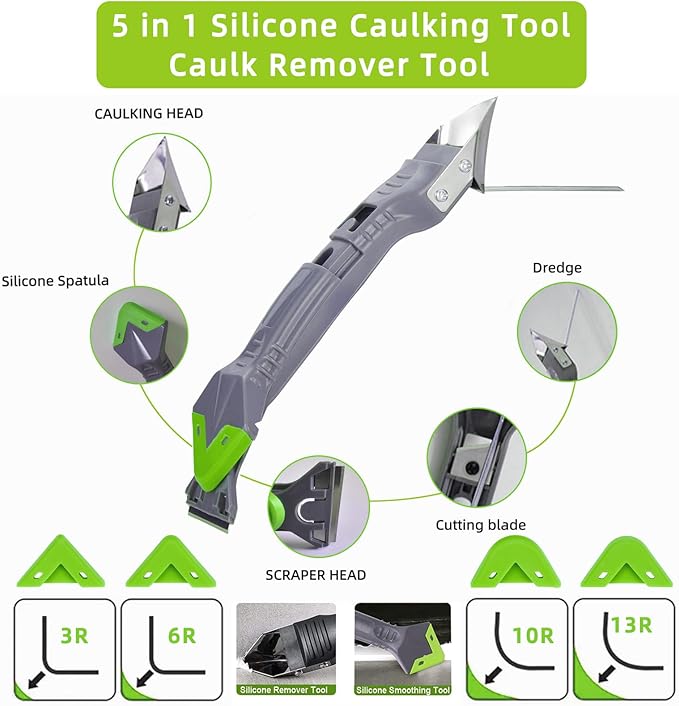 Caulking Tool Kit, Caulking Gun, 2 White/Clear Silicone Sealant with Gun - All-Purpose 100% Silicone Caulk (20 oz Tube), and 5 in 1 Scraper/Smoothing Tool, Sandpaper, Gloves and Masking Tape