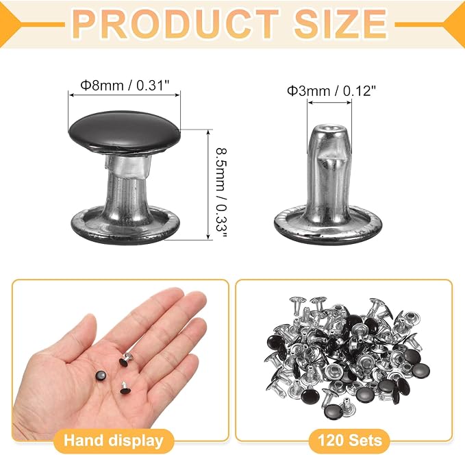 uxcell 120Set Leather Rivets, 8mm Double Cap Rivet Tubular Metal Studs Repairs Decoration Craft Accessories for Repair Decorate Leather Craft Belt Bag Shoes Purse Belts, Black