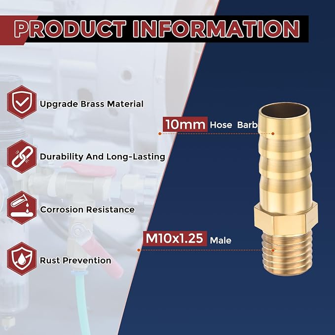 Pack of 4 Brass Hose Barb Fittings Adapter Connector 10mm Hose Barb to M10x1.25 Male Fittings for Home Machines, Massage Bathtubs, and Irrigation Systems