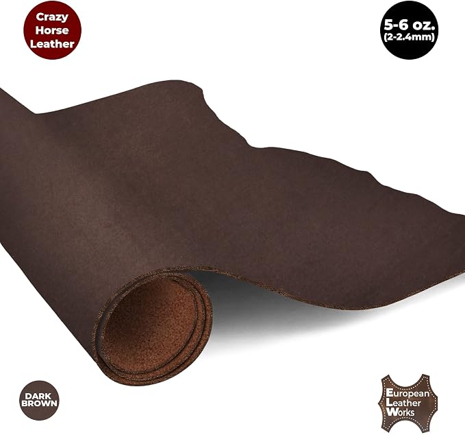 ELW Crazy Horse Leather 5-6 OZ (2-2.4mm) | Dark Brown | Pre-Cut 10"x12" | Full Grain Cowhide Handmade Leather for DIY, Crafts, Sheaths, Sewing, Workshop