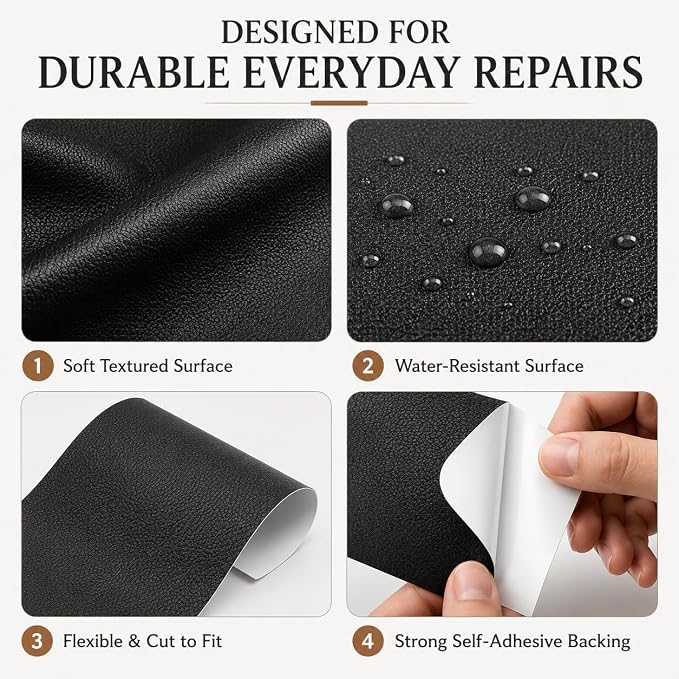 Self Adhesive Leather Repair Patch 24x54 Inch, Large Vinyl Repair Kit，Black | Leather Tape for Furniture, Couch, Sofa, Car Seats. Waterproof, Strong Adhesion, Easy Cut Pleather Patch Waterproof Scratch