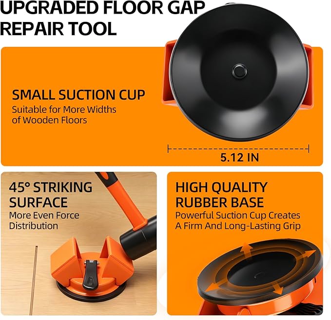 Floor Gap Fixer Tool - 45° Dual-Sided Strike, Floor Suction Cup Tool for Gaps with Crack Cleaner, Mallet & 5 Sticky Pads - Laminate Floor Gap Repair Tool, Flooring Tools Kit